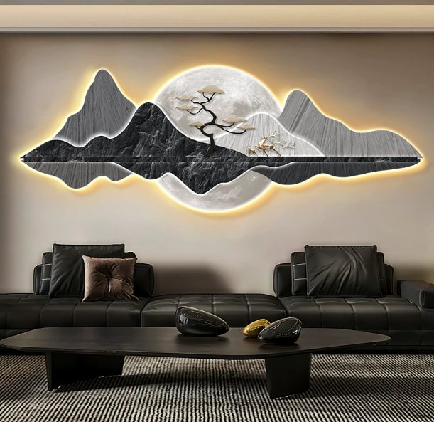 Contemporary grey mountain moonrise 3D LED wall art in modern lounge