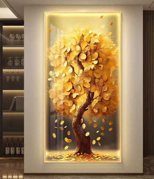 Gold money tree 3D LED wall art panel — portrait format for hallway