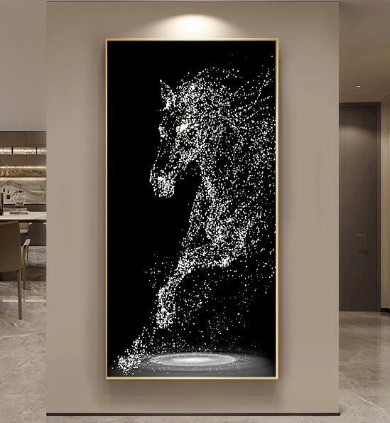 White horse particle 3D LED backlit wall art — dramatic portrait panel