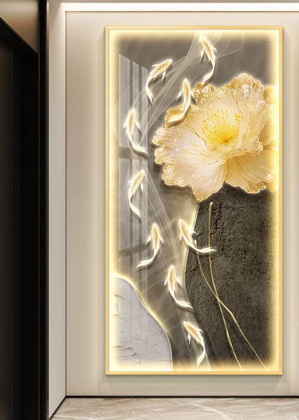 Gold peony flower with koi 3D LED backlit wall art — hallway portrait panel