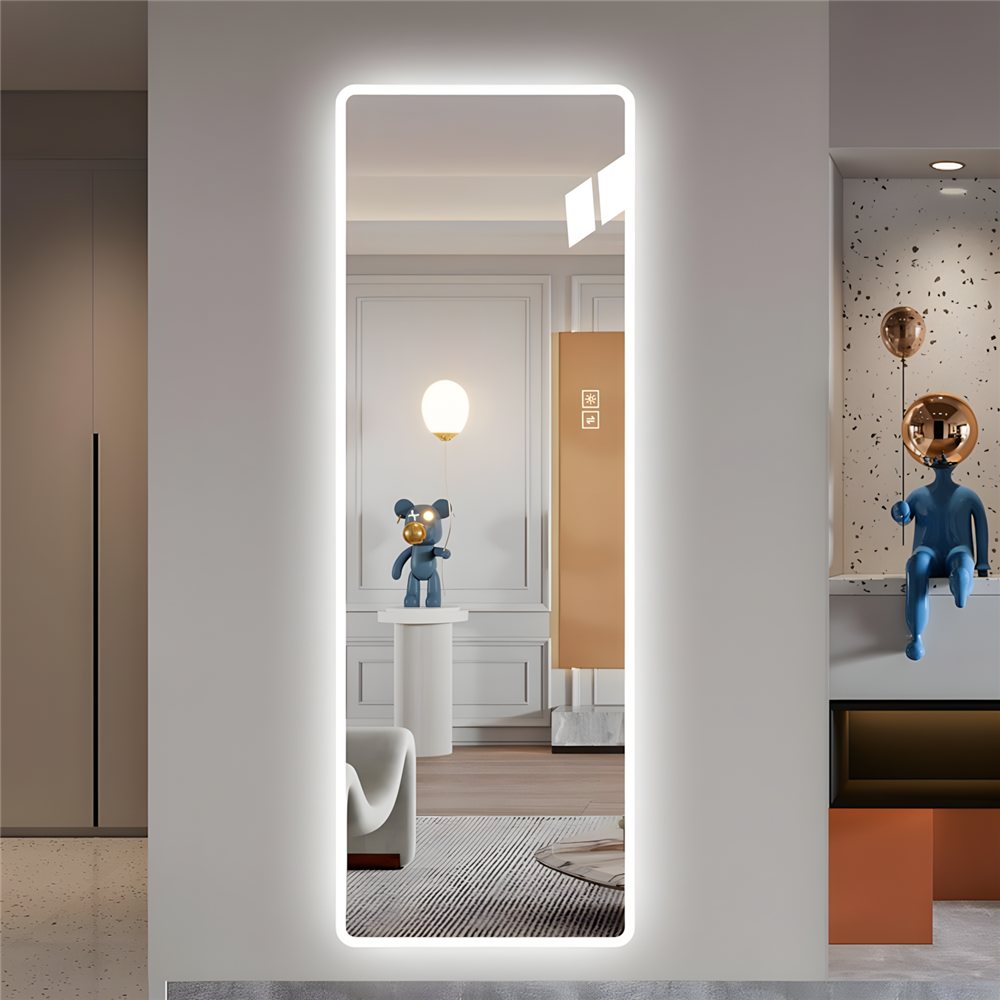 Full-length LED floor mirror with rounded corners in contemporary interior