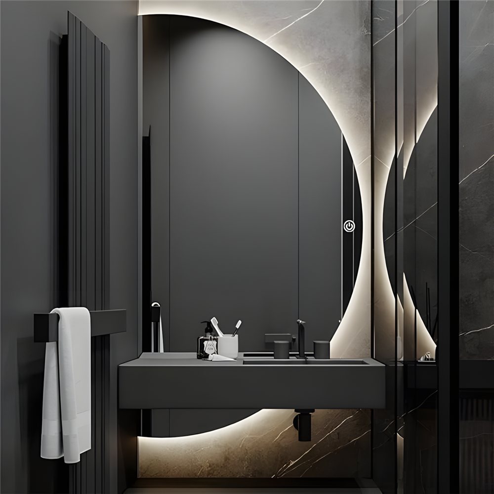 Arch-top LED mirror with curved backlit frame in dark luxury bathroom