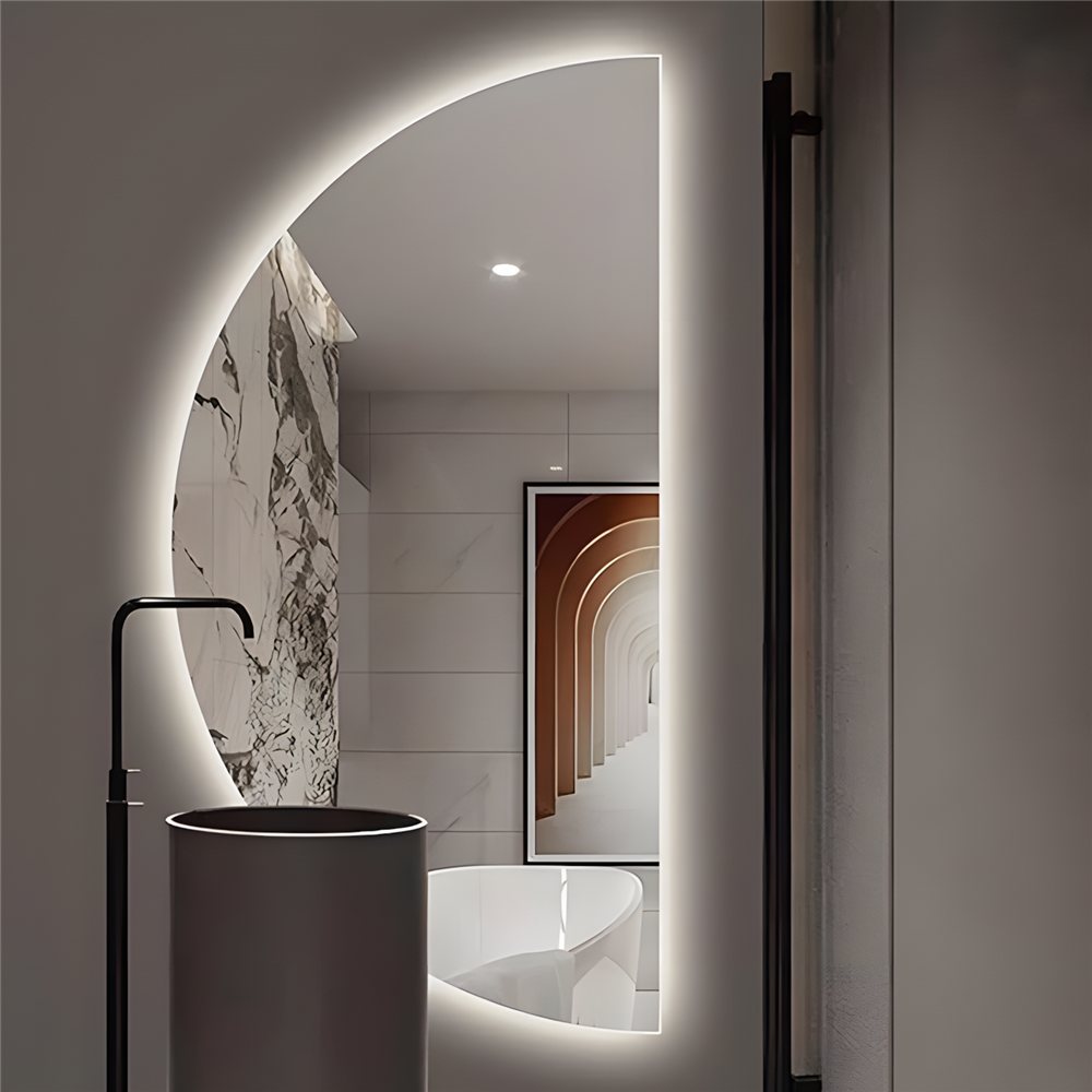 Half-circle D-shape LED mirror above designer pedestal sink