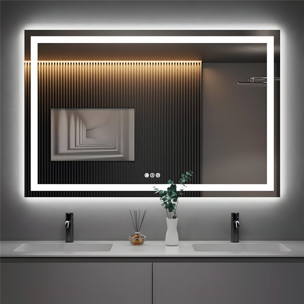 Landscape rectangle LED mirror — dark slat wall double vanity