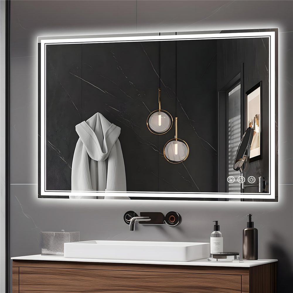 Wide landscape LED mirror with white LED frame above dark marble vanity