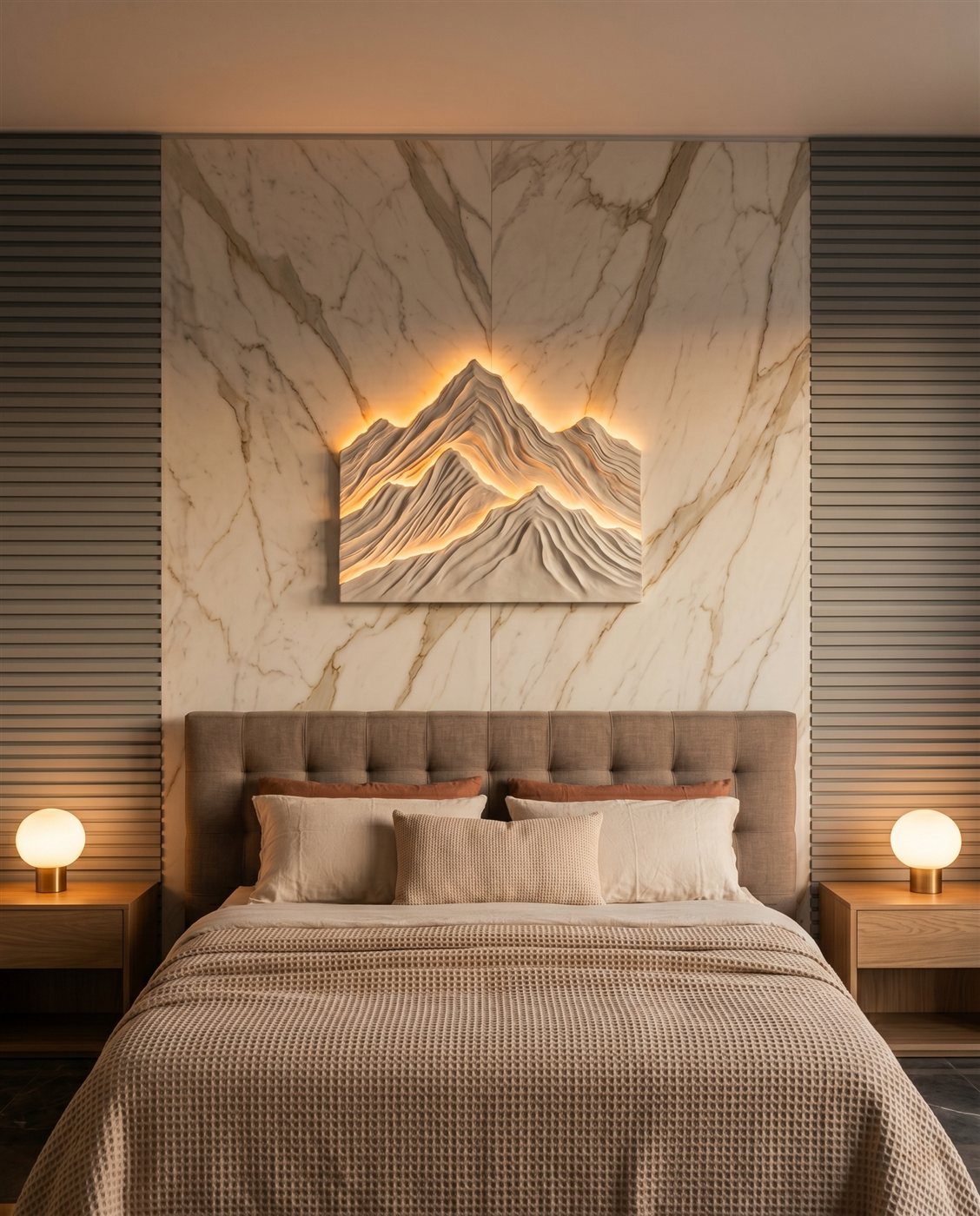 Bedroom with marble feature wall behind bed headboard