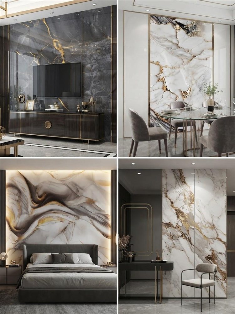 UV marble sheets as charcoal TV wall, gold dining accent panel, smoky bedroom wall and dressing room feature