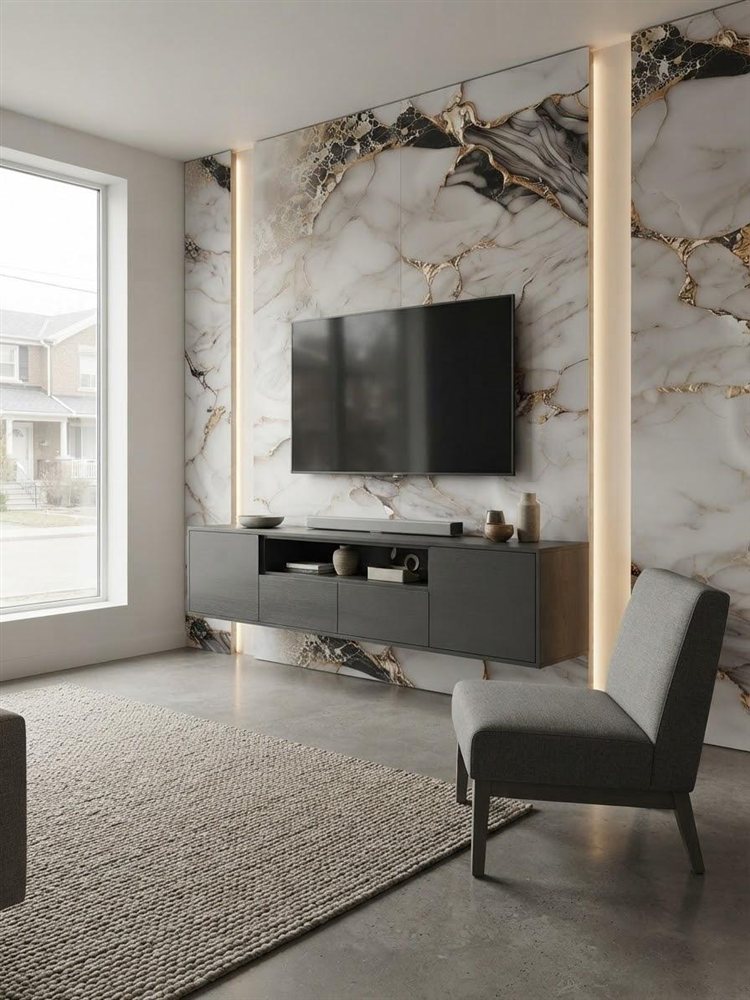 White and black-gold marble TV feature wall with LED strip lighting in contemporary living room