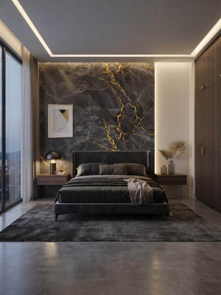 Dark charcoal marble with bold gold veining — dramatic luxury bedroom feature wall