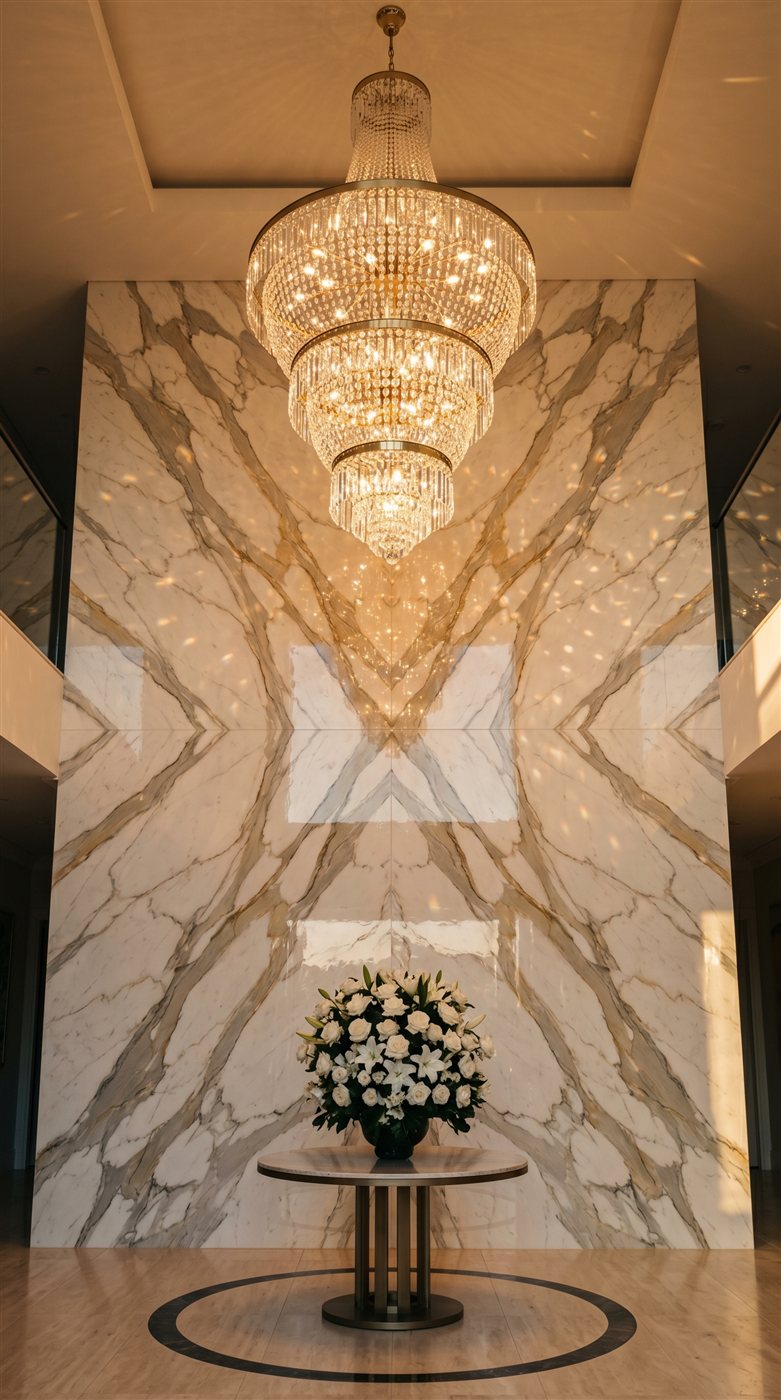Grand foyer entrance with chevron marble wall and chandelier