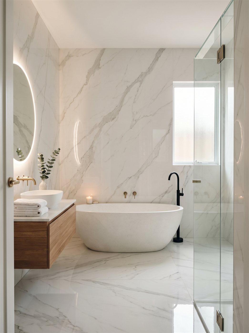 Luxury bathroom with marble walls and freestanding oval bathtub