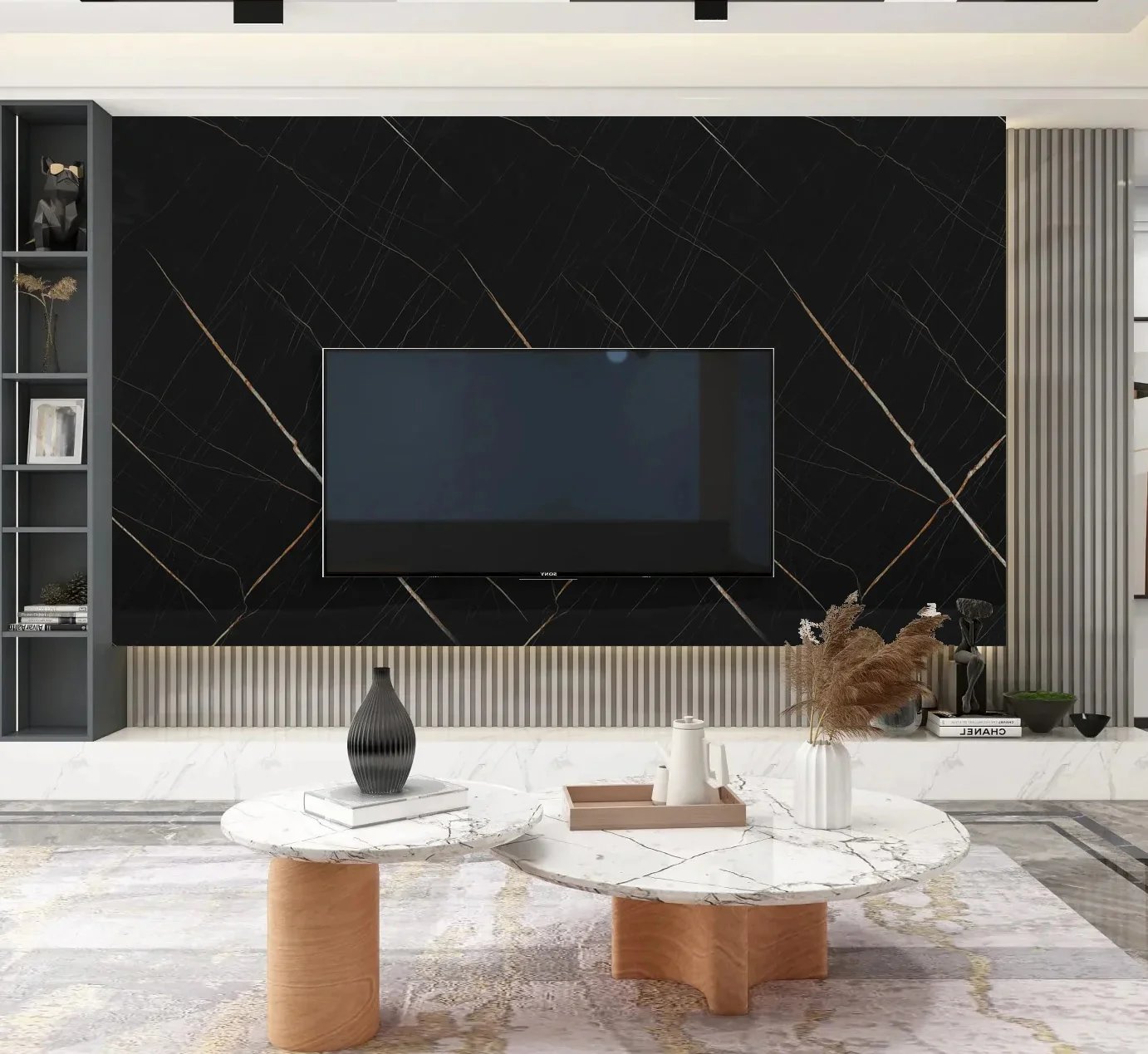 Black and gold marble TV feature wall in modern living room