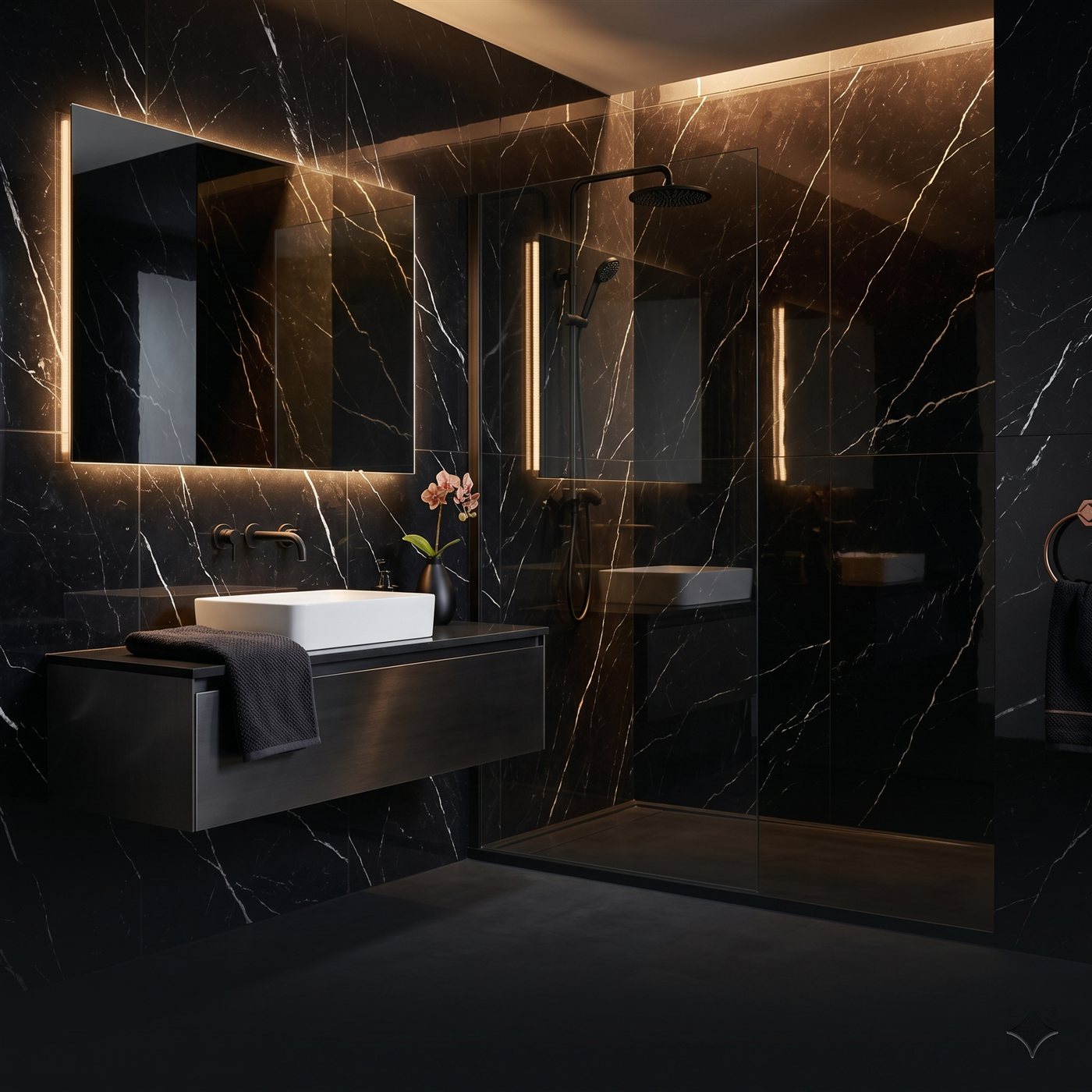 Dark moody bathroom with black marble walls and gold lighting