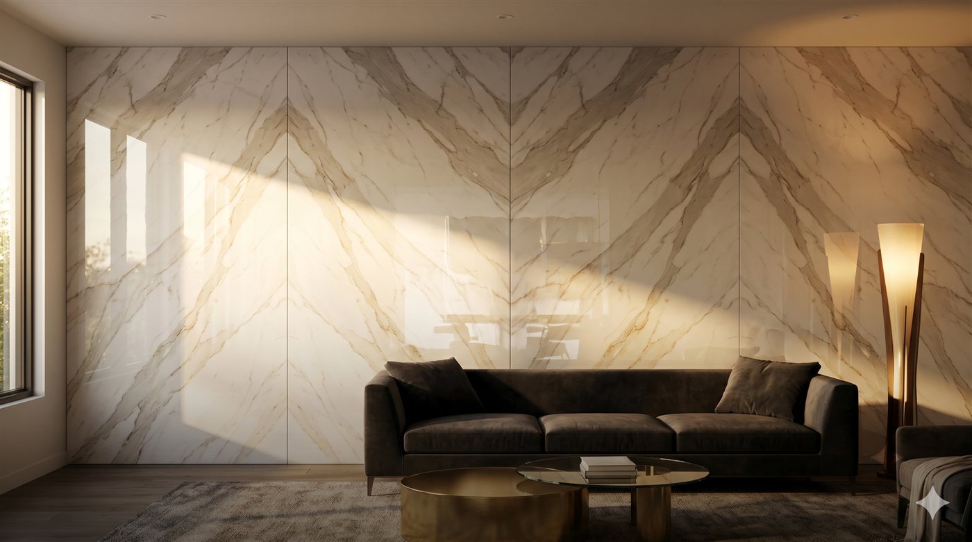 Chevron pattern marble feature wall in living room with sofa