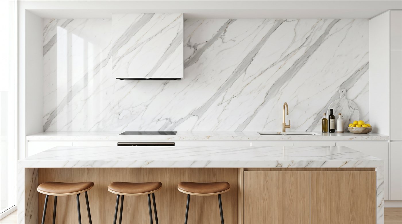 Kitchen with white and grey marble splashback and island