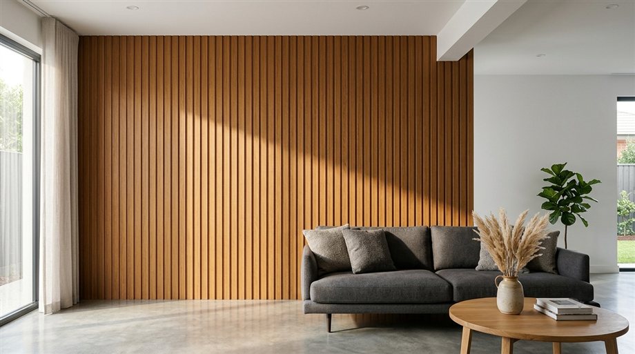 WPC amber timber feature wall in living room