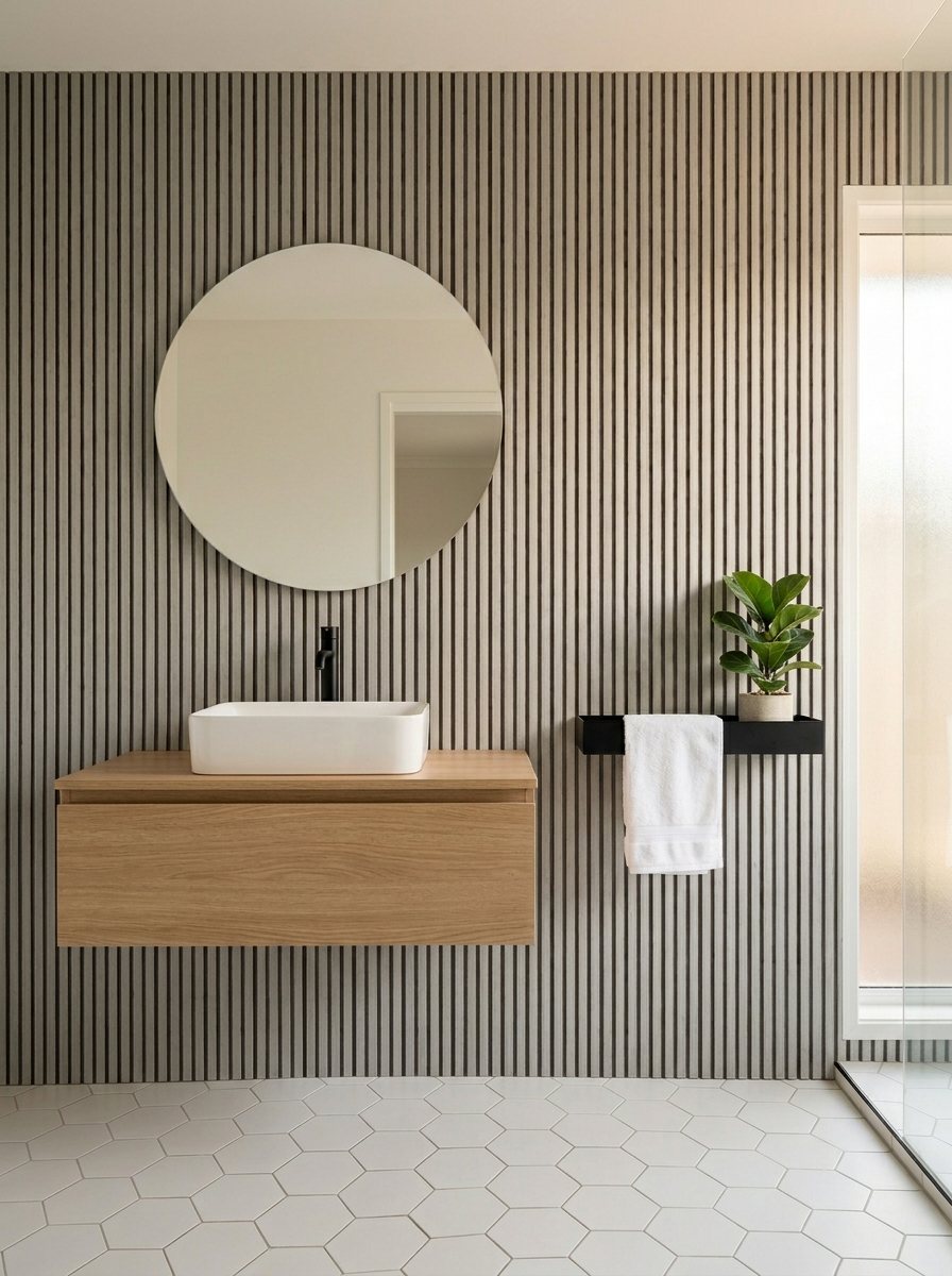 WPC slatted wall panels in contemporary bathroom
