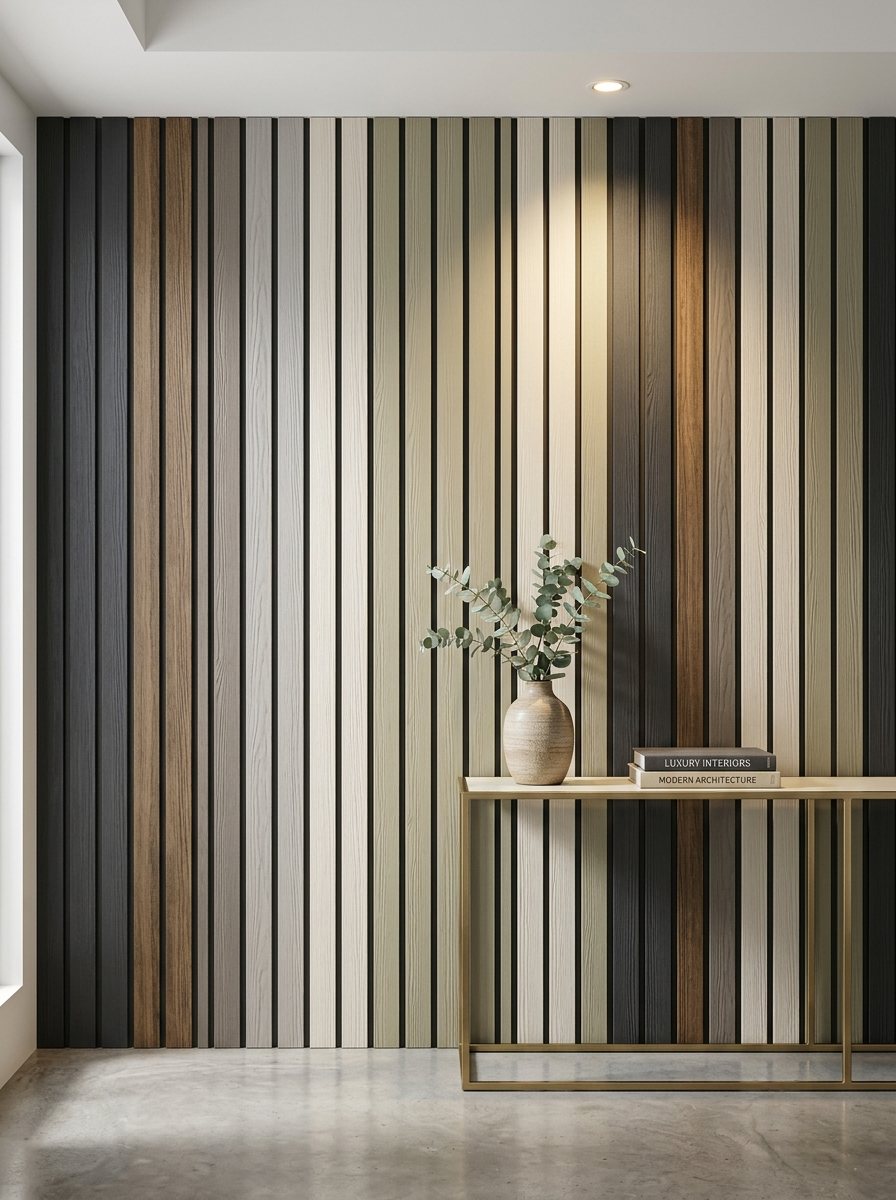 Multi-tone WPC vertical slat panels in entry hall
