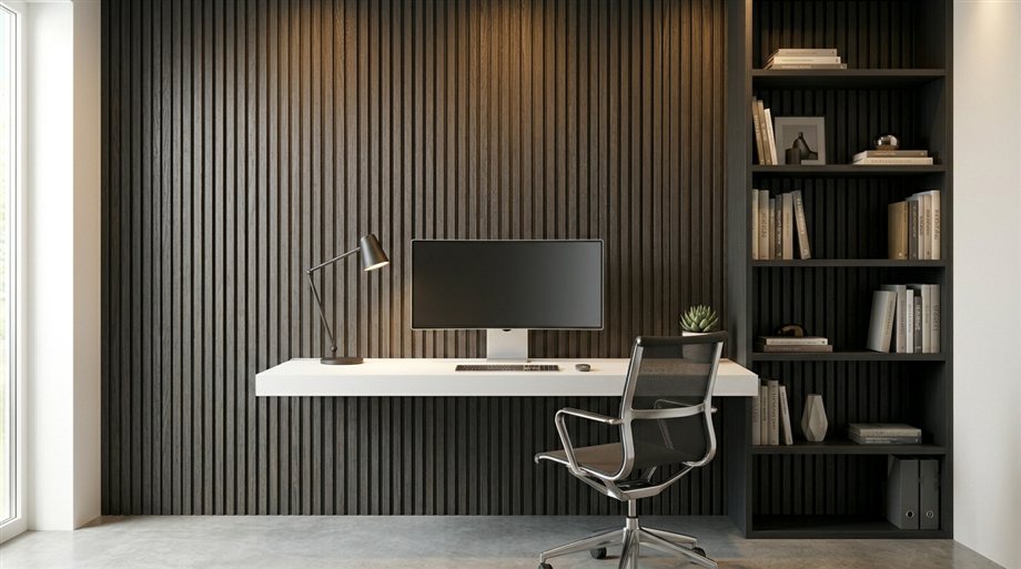 Dark WPC timber wall panels in home office